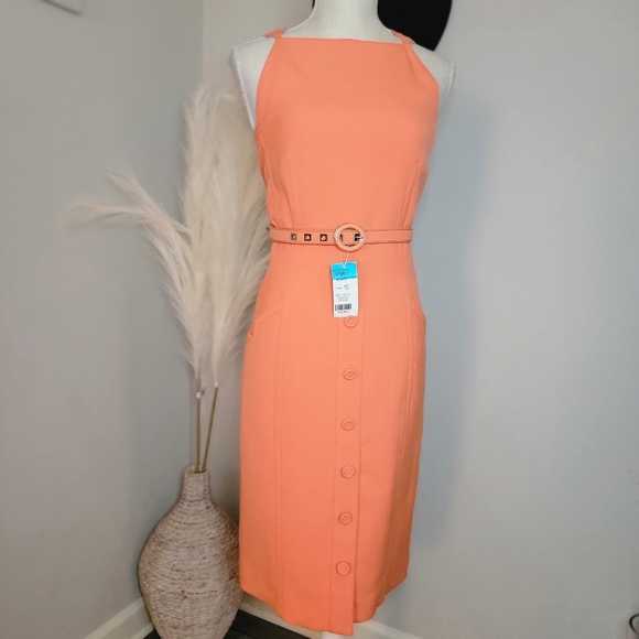 Per Se Orange Sorbet Sheath Cold Shoulder Belted Dress - Picture 2 of 9